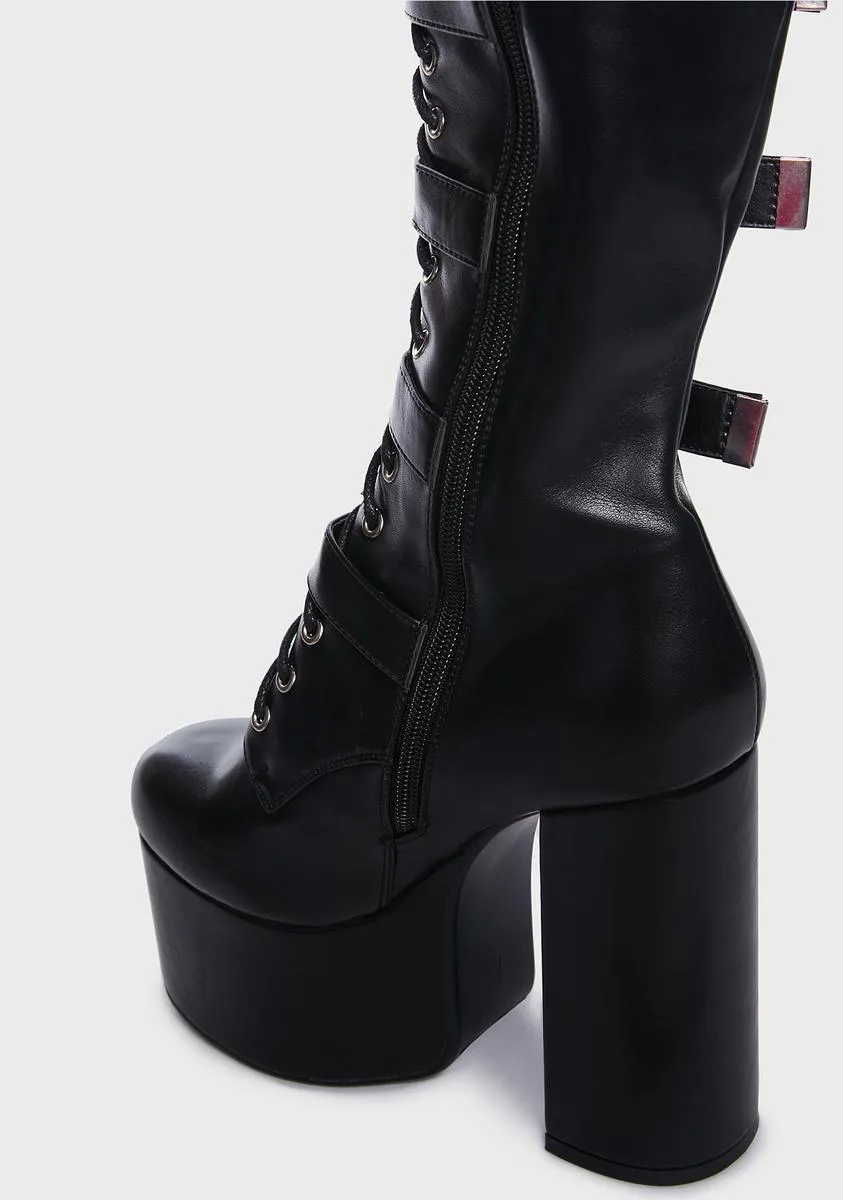 Gravity Platform Knee High Buckled Boots