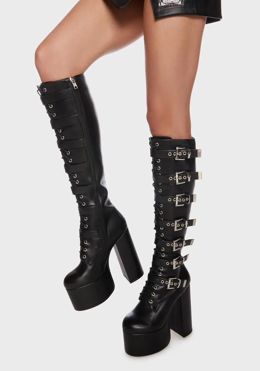 Gravity Platform Knee High Buckled Boots