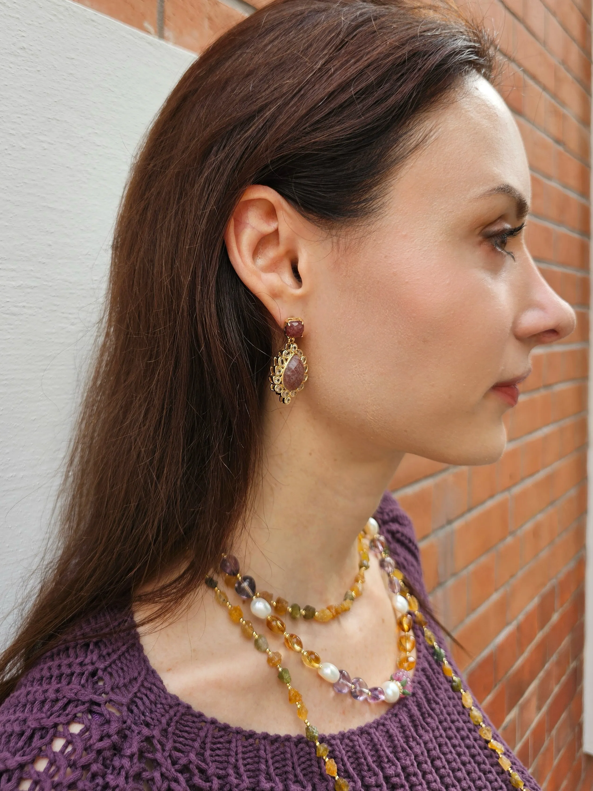 Heart Citrine And Amethyst With Raspberry And Pearls Necklace NN016