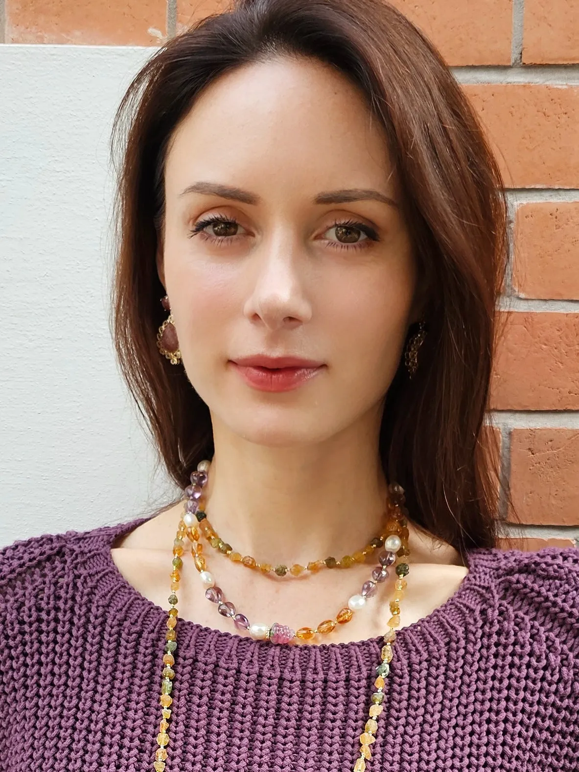Heart Citrine And Amethyst With Raspberry And Pearls Necklace NN016