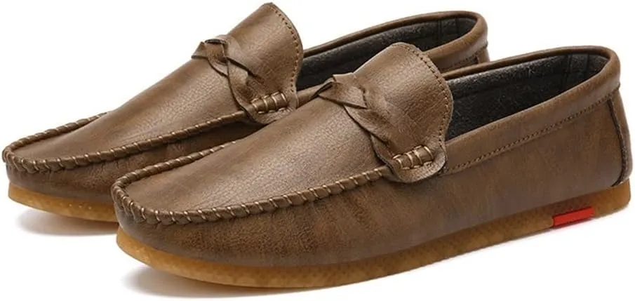 HOOENG Driving Moccasins for Men Vegan Leather Stitching Details Round Toe Rubber Sole Penny Loafer Resistant Anti-Slip Flat Heel Walking Slip On (Color : Brown, Size : 7.5)