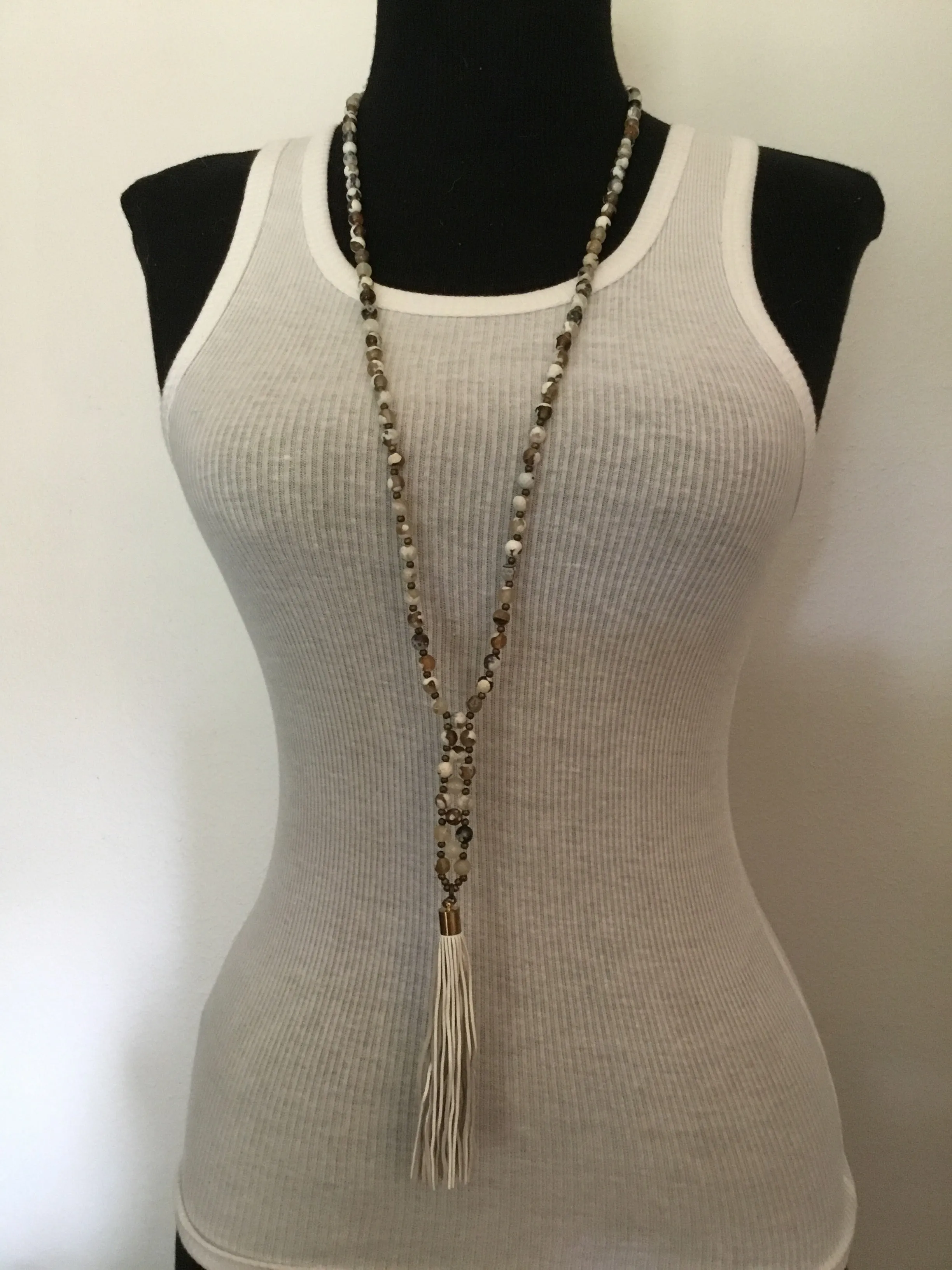 Howlite Weave Necklace with Leather Tassel- Amy Kaplan for Bourbon Cowgirl