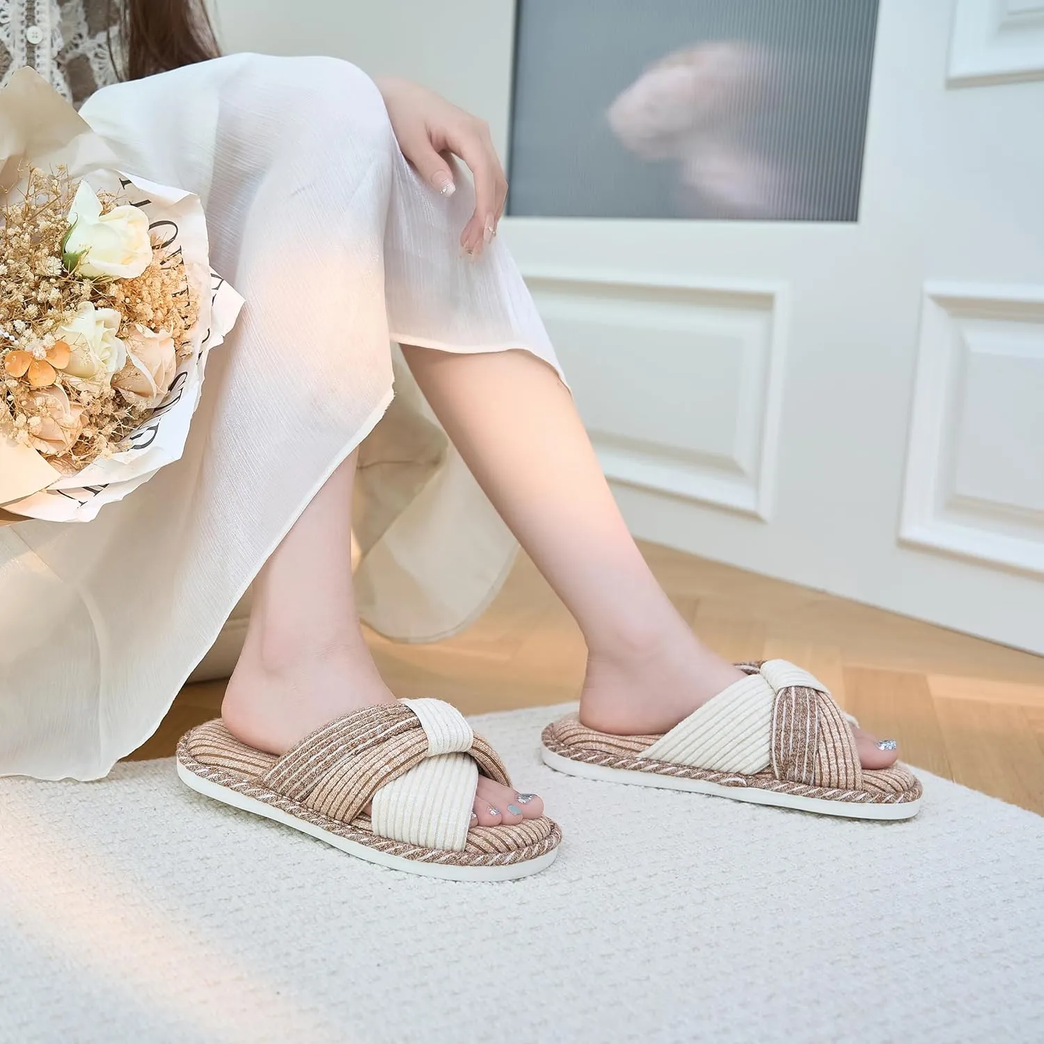 Jerzmy Cross Slippers for Women, Cozy Soft Bow Memory Foam House Bedroom Slippers Trendy Woman Gifts Home Shoes for Room Indoor Kitchen