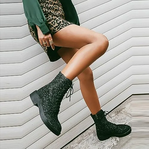 Lace Up Glitter Sequin 4cm-black Combat Boots