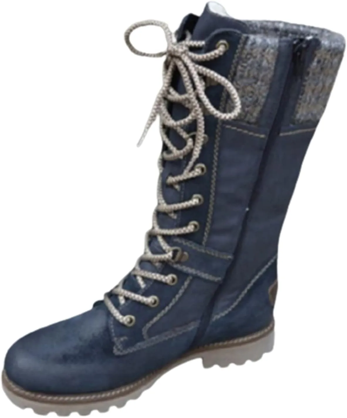 LIUsj JUNST Women Mid-Calf Boots Platform Chunky Heel Lace Up Winter Boots Fashion Wool Round Toe Side Zip Closure Combat Boots Women's Ankle Boots & Booties Ladies Snow Boots,Blue,37