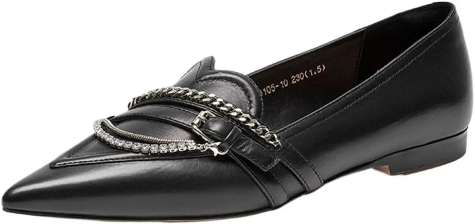 Loafers for Women Handmade Calfskin Leather Ballet Flats for Women Pointed Toe Slip-On Shoes with Crystal Chain Decor