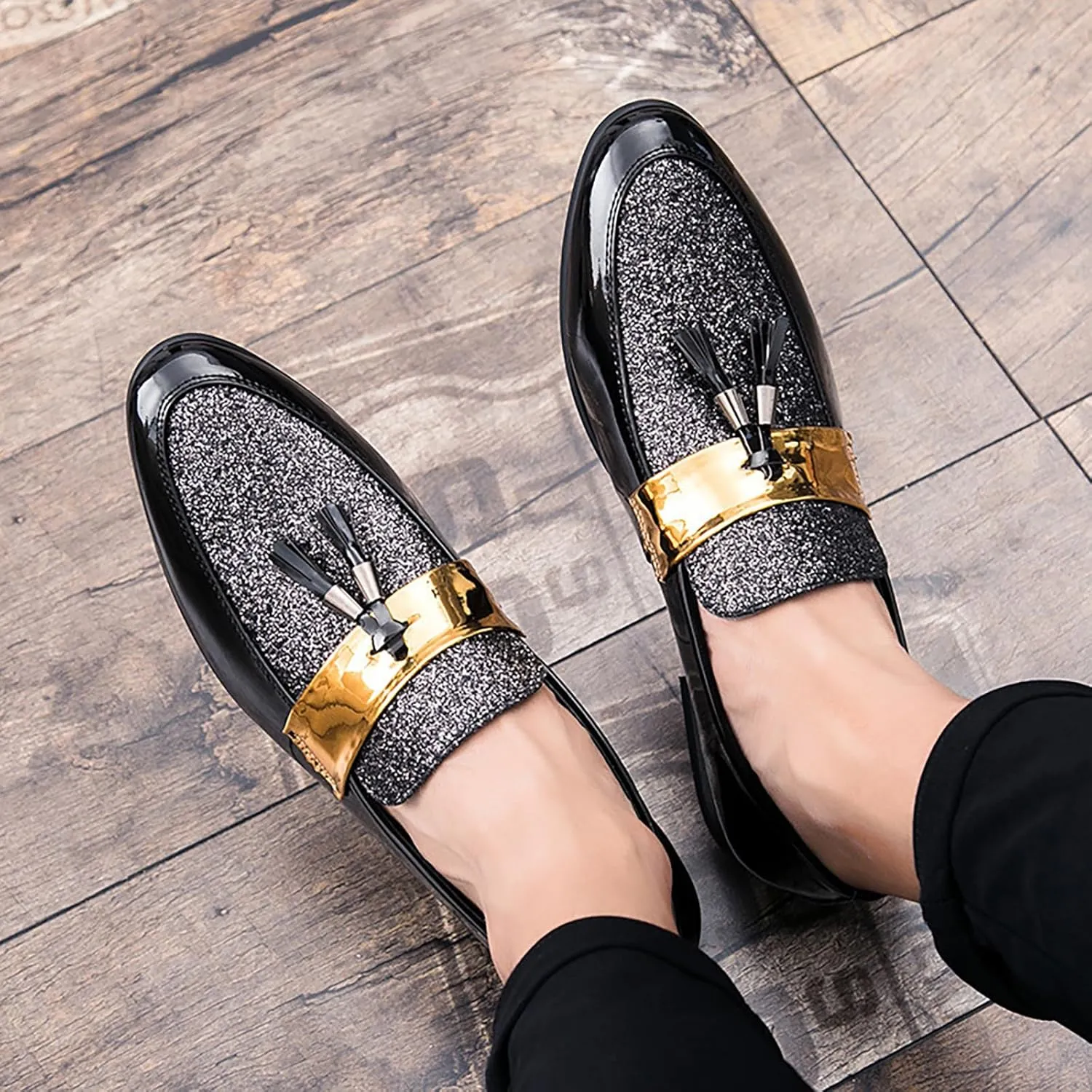 Men's Party Flats Black Golden Formal Patchwork Tassel Leather Casuals Shoe Handmade Wedding Classic Loafers Moccasins Dress Shoes,Fashion Slip-On Tuxedo for Men
