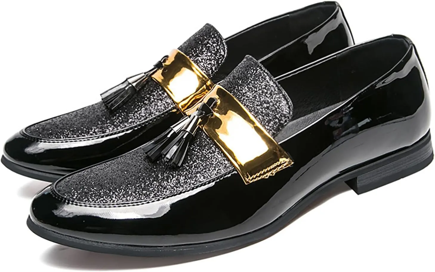 Men's Party Flats Black Golden Formal Patchwork Tassel Leather Casuals Shoe Handmade Wedding Classic Loafers Moccasins Dress Shoes,Fashion Slip-On Tuxedo for Men