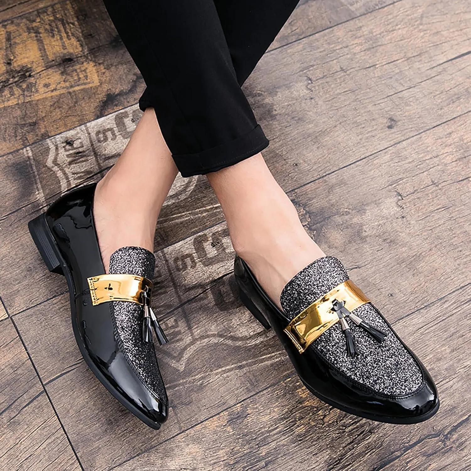 Men's Party Flats Black Golden Formal Patchwork Tassel Leather Casuals Shoe Handmade Wedding Classic Loafers Moccasins Dress Shoes,Fashion Slip-On Tuxedo for Men