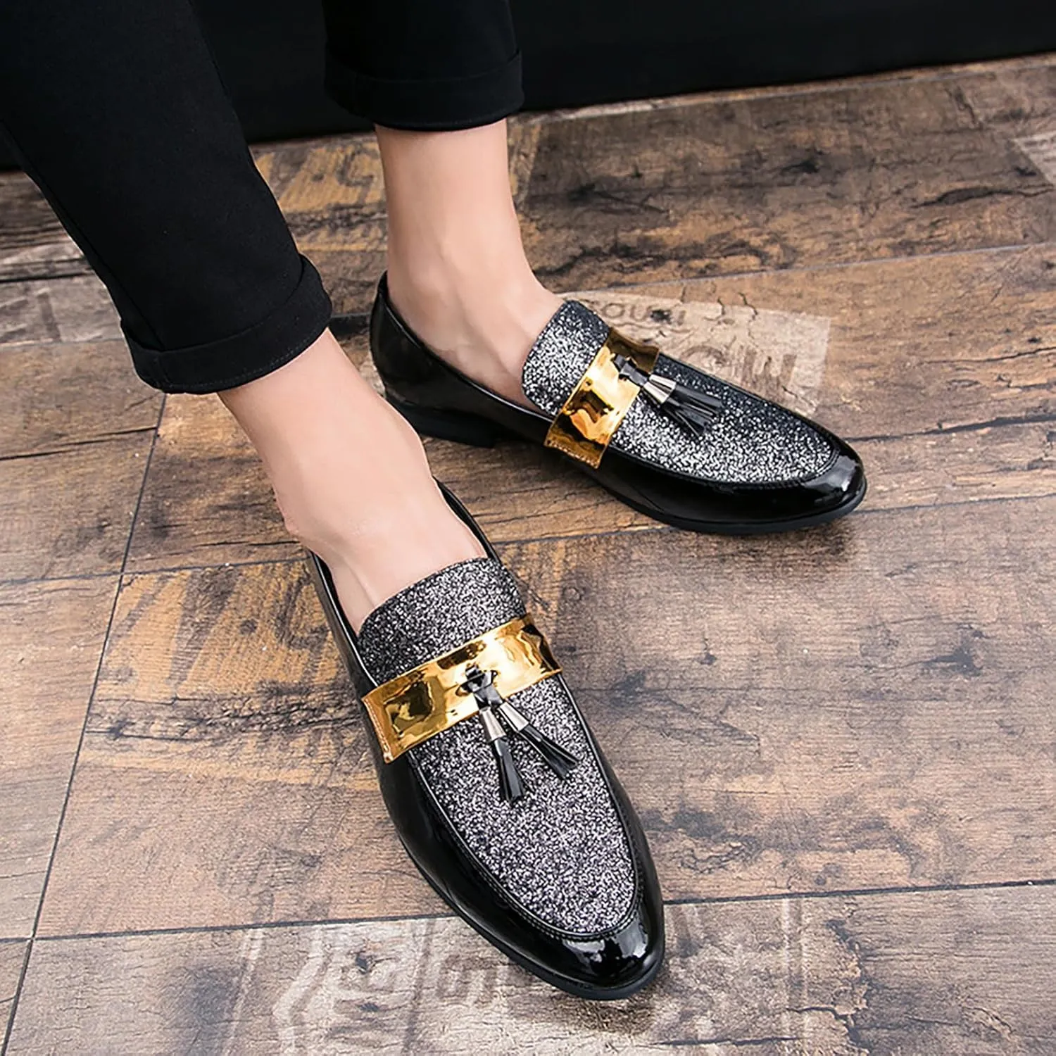 Men's Party Flats Black Golden Formal Patchwork Tassel Leather Casuals Shoe Handmade Wedding Classic Loafers Moccasins Dress Shoes,Fashion Slip-On Tuxedo for Men