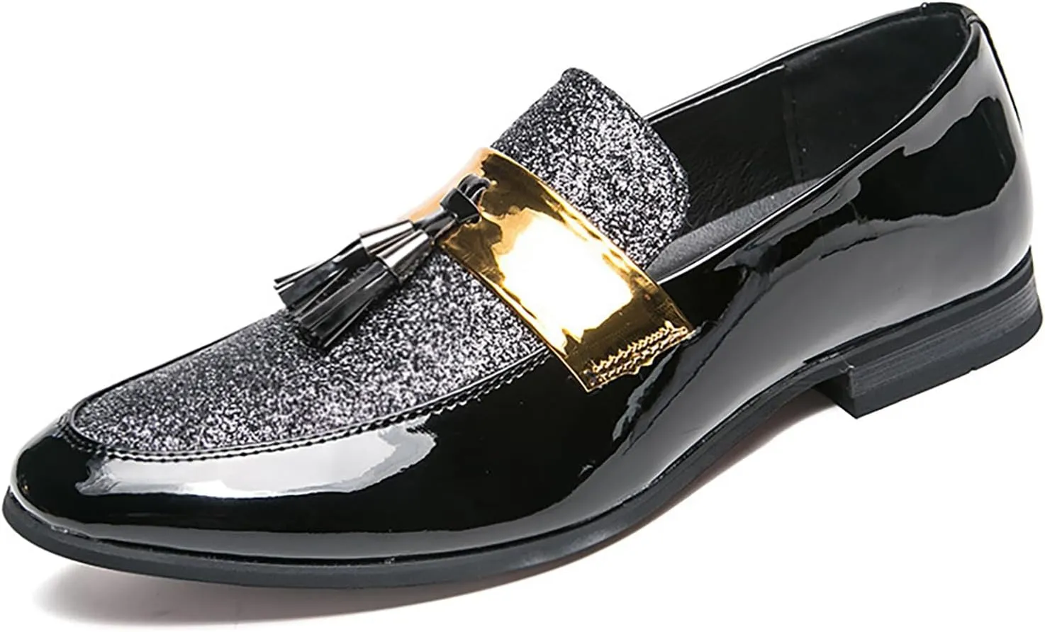 Men's Party Flats Black Golden Formal Patchwork Tassel Leather Casuals Shoe Handmade Wedding Classic Loafers Moccasins Dress Shoes,Fashion Slip-On Tuxedo for Men