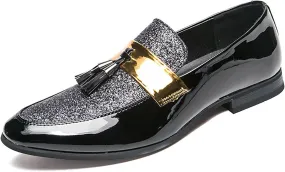Men's Party Flats Black Golden Formal Patchwork Tassel Leather Casuals Shoe Handmade Wedding Classic Loafers Moccasins Dress Shoes,Fashion Slip-On Tuxedo for Men