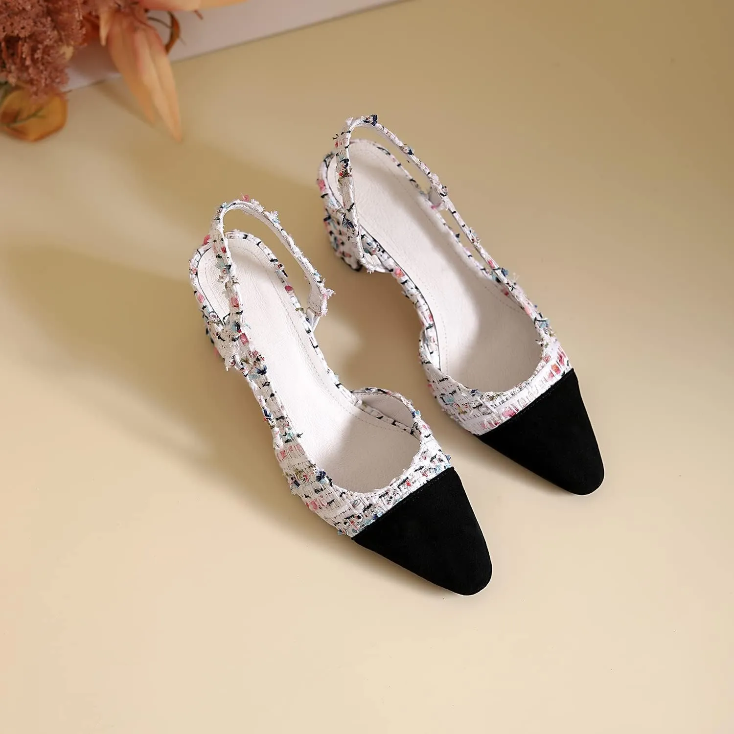 MICIFA Slingback Heels for WomenRound Toe Chunky Heeled Pumps Ankle Strap Fashion Splicing Dress Shoes