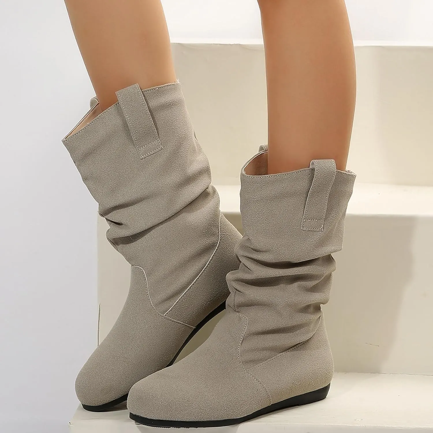 Mid Calf Boots for Women Slouchy Pull on Riding Boots Lace up Knee High Boots Side Zipper Flat Combat Boots