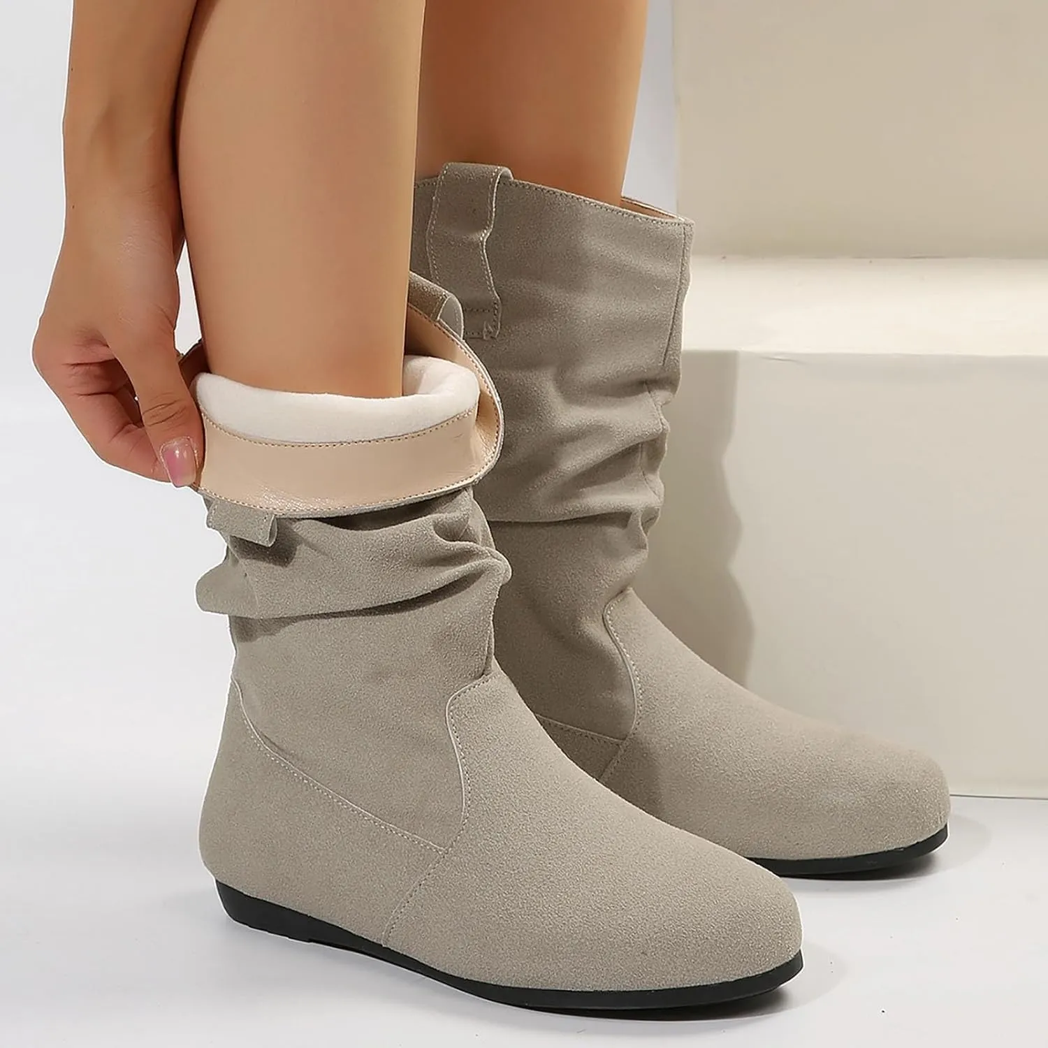 Mid Calf Boots for Women Slouchy Pull on Riding Boots Lace up Knee High Boots Side Zipper Flat Combat Boots