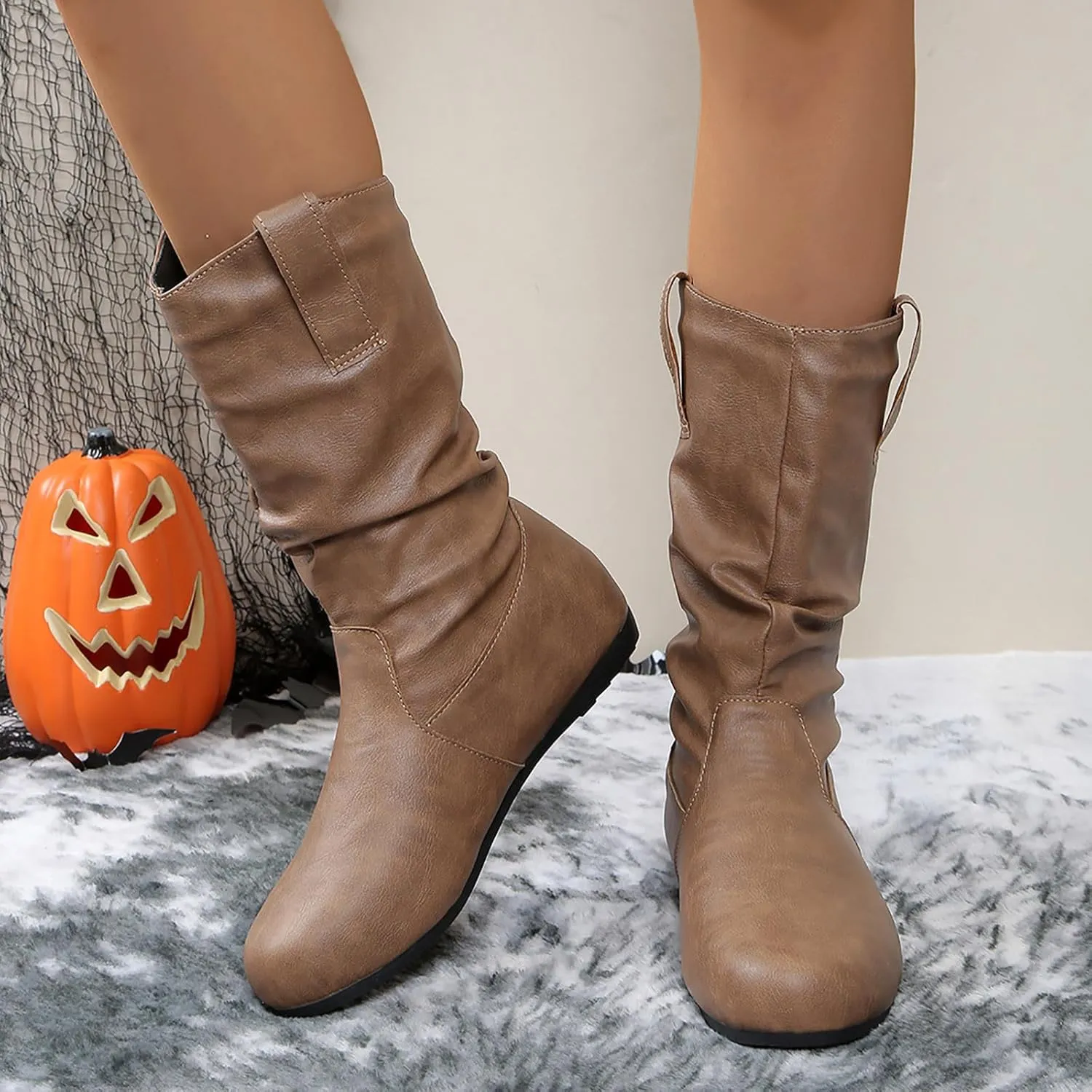 Mid Calf Boots for Women Slouchy Pull on Riding Boots Lace up Knee High Boots Side Zipper Flat Combat Boots