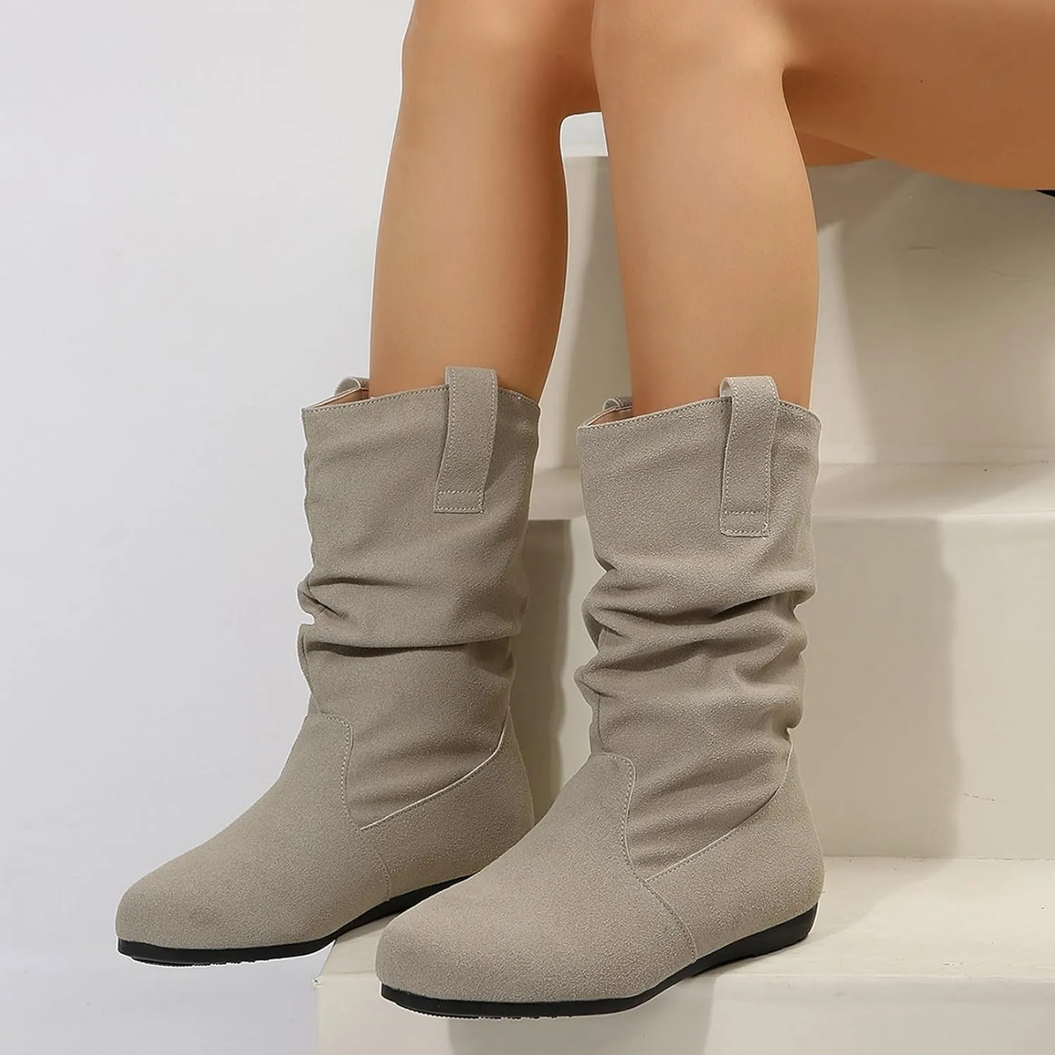 Mid Calf Boots for Women Slouchy Pull on Riding Boots Lace up Knee High Boots Side Zipper Flat Combat Boots