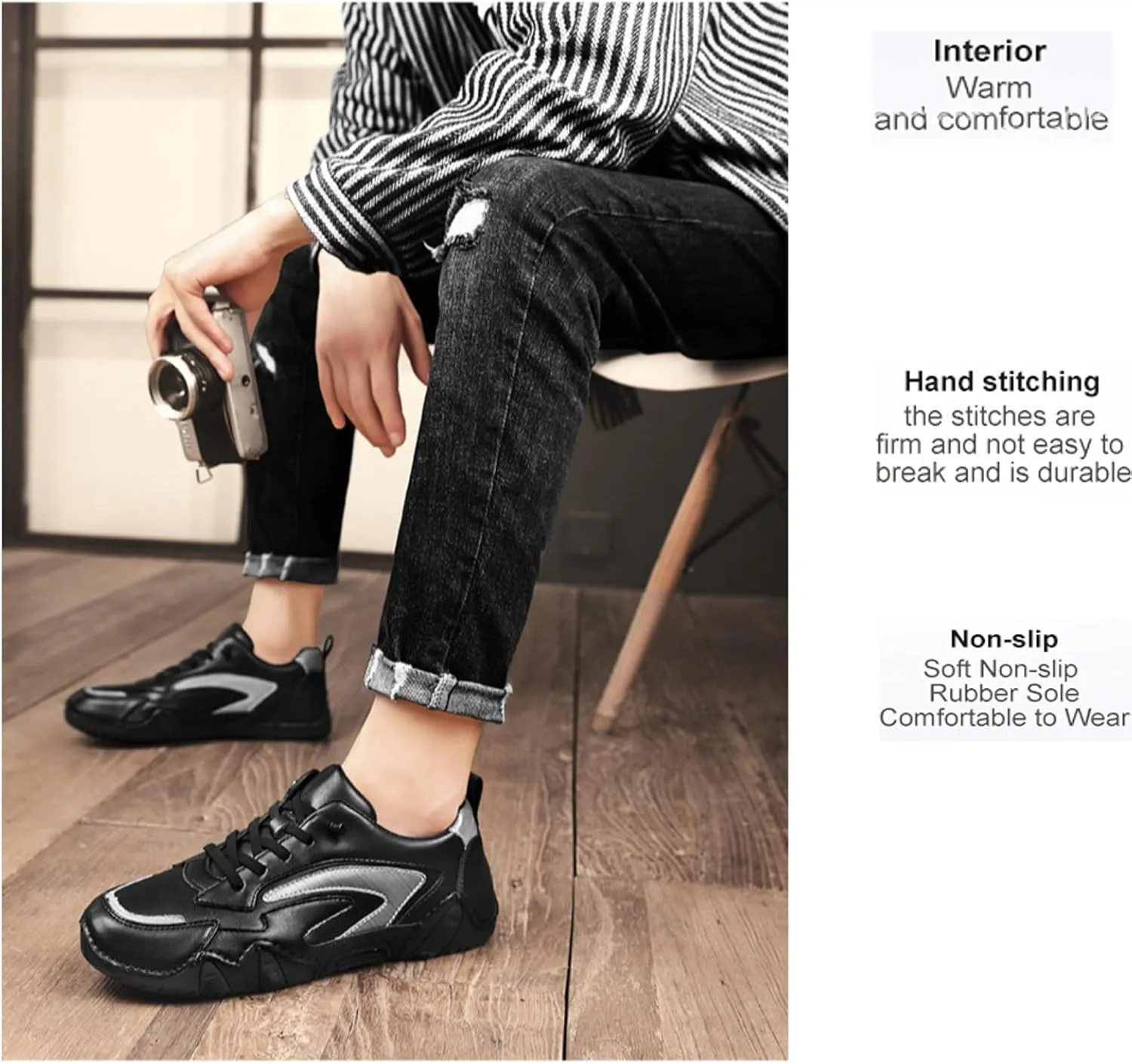 Myallfeet Men's Leather Comfort Driving Sneakers Fashionable, Comfortable and Non-Slip Slip-On Driving Shoes Casual Lightweight Moccasin Shoes