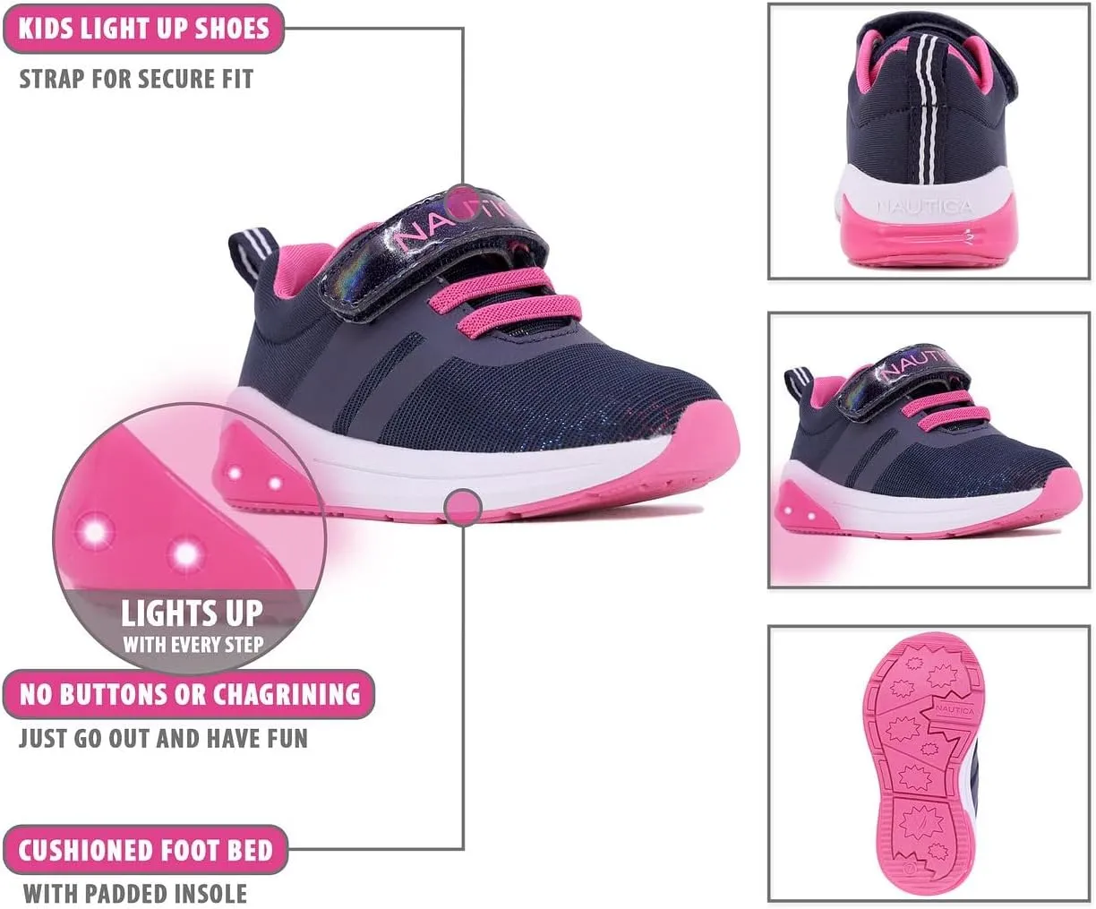 Nautica Kids' Light-Up Flashing Sneaker Athletic Running Shoes with Strap | Fashionable and Fun for Boys and Girls | Available in Toddler and Little Kid Sizes