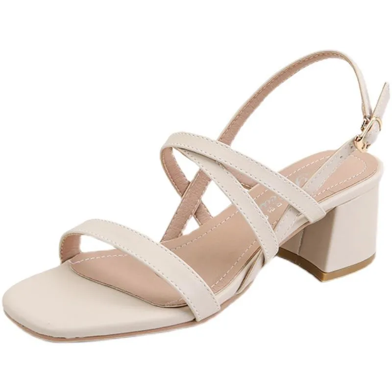 Nude Block Heels Sandals Women's Summer Mid Heel Chunky Heel Soft Bottom High Heel Shoes