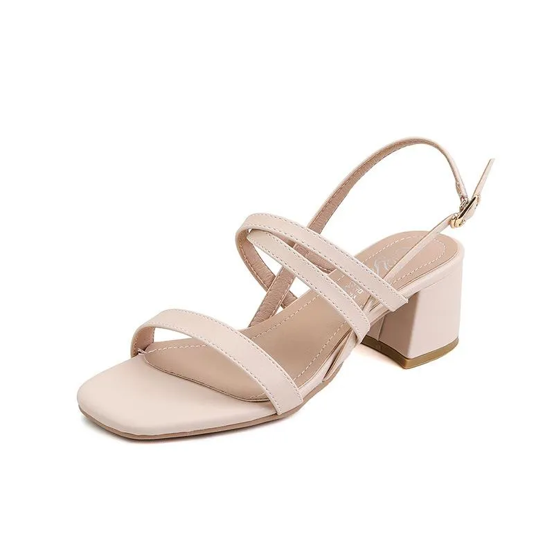 Nude Block Heels Sandals Women's Summer Mid Heel Chunky Heel Soft Bottom High Heel Shoes
