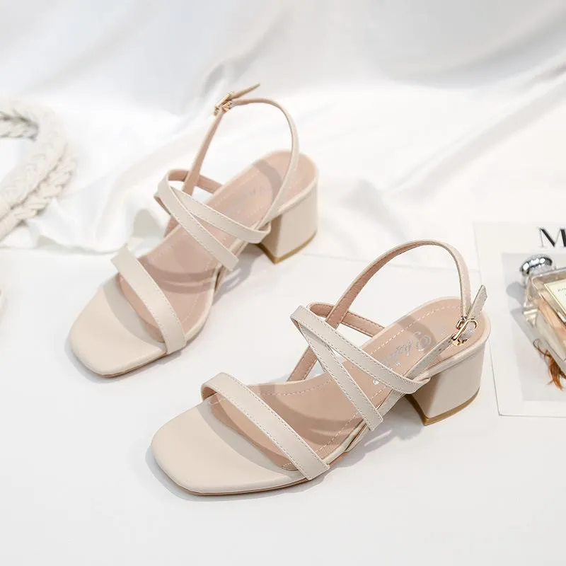 Nude Block Heels Sandals Women's Summer Mid Heel Chunky Heel Soft Bottom High Heel Shoes