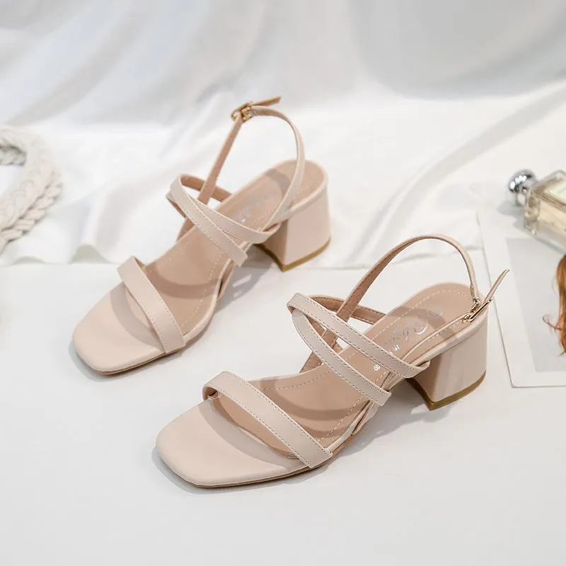 Nude Block Heels Sandals Women's Summer Mid Heel Chunky Heel Soft Bottom High Heel Shoes