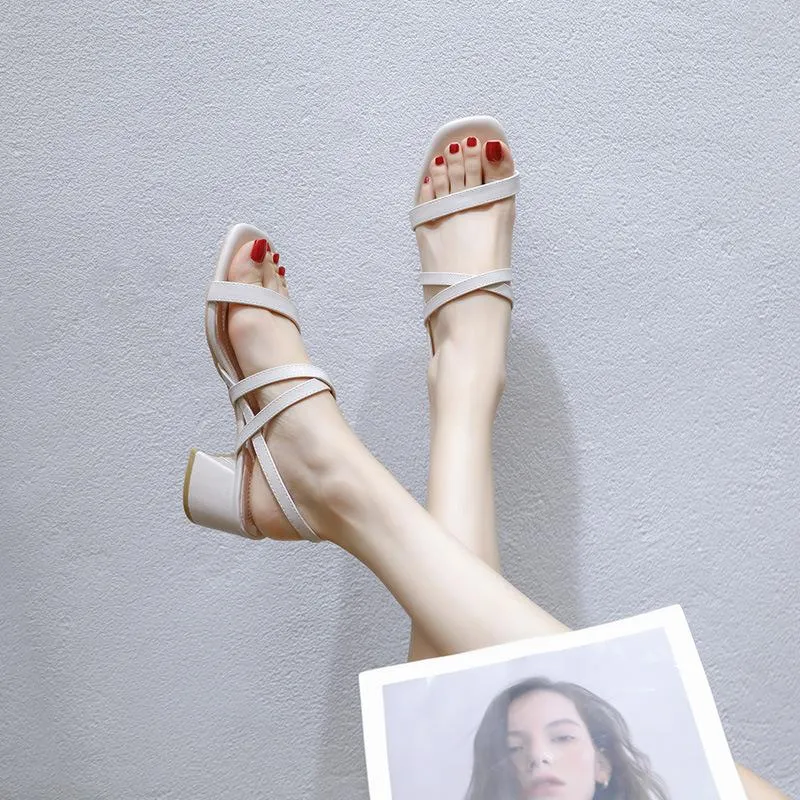 Nude Block Heels Sandals Women's Summer Mid Heel Chunky Heel Soft Bottom High Heel Shoes