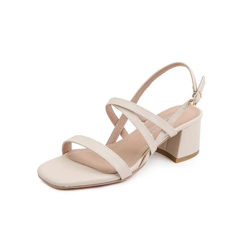 Nude Block Heels Sandals Women's Summer Mid Heel Chunky Heel Soft Bottom High Heel Shoes