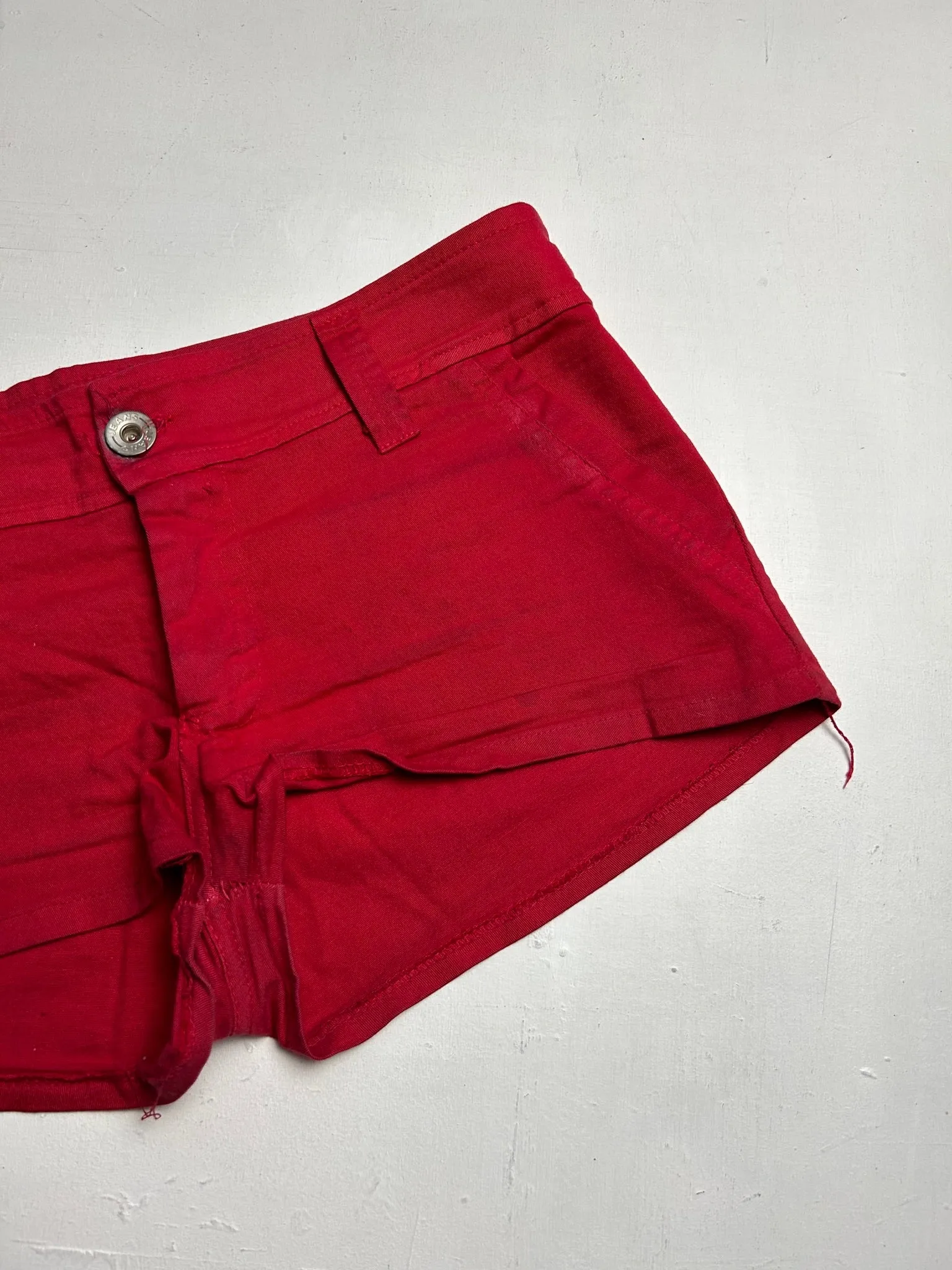Red denim low rise mini/micro short (XS)