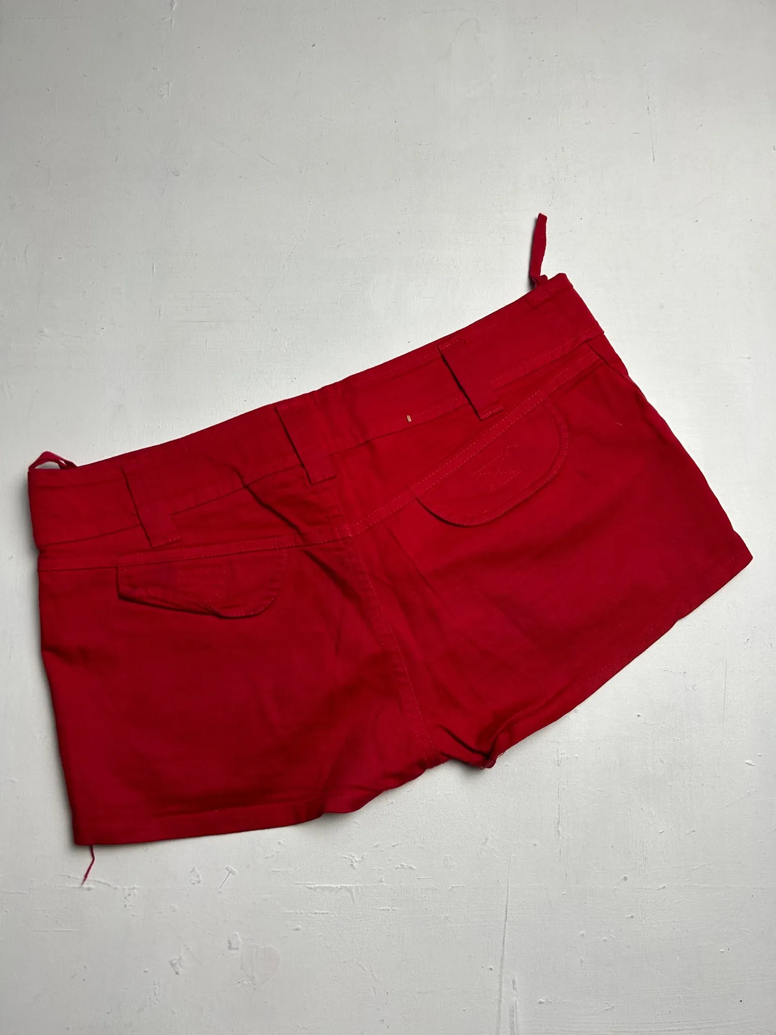 Red denim low rise mini/micro short (XS)