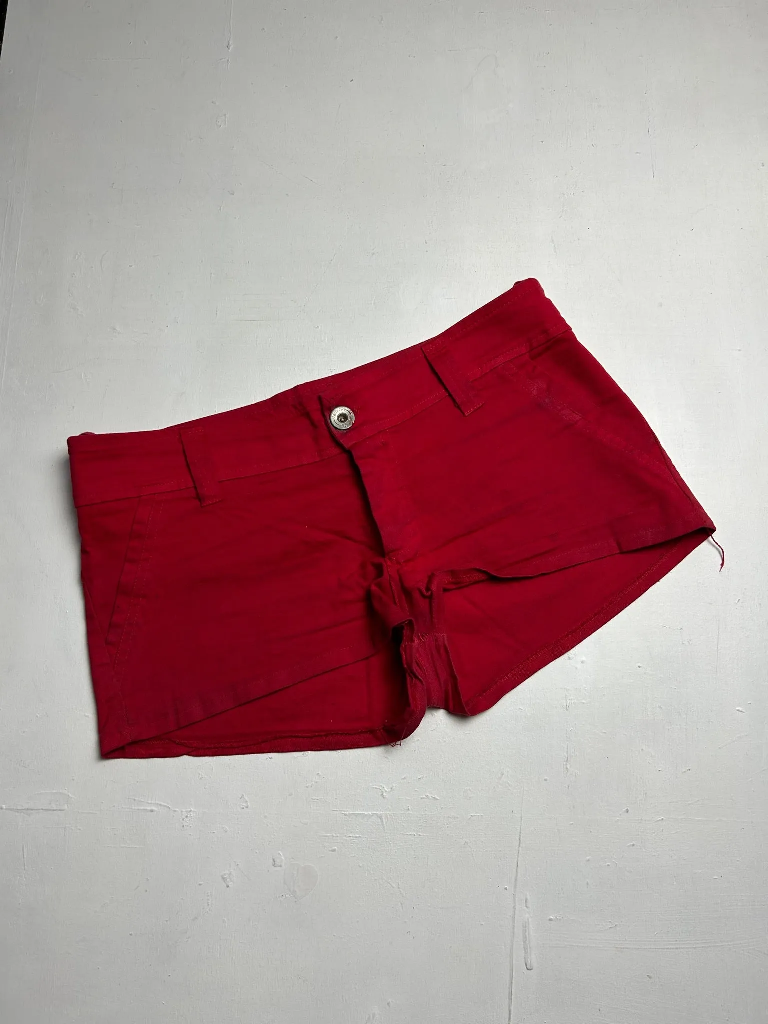 Red denim low rise mini/micro short (XS)