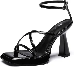 Reitoye Strappy Heels for Women Platform High Chunky Heels Square Open Toe Heeled Sandals Ankle Strap Block Heels