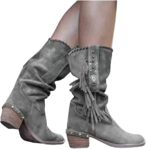 Round Toe Western Cowboy Boots Womens Low Chunky Heel Booties Shoes Retro Casual Fashion Short Ankle Boots with Fringe Breathable Non-Slip Work Boots