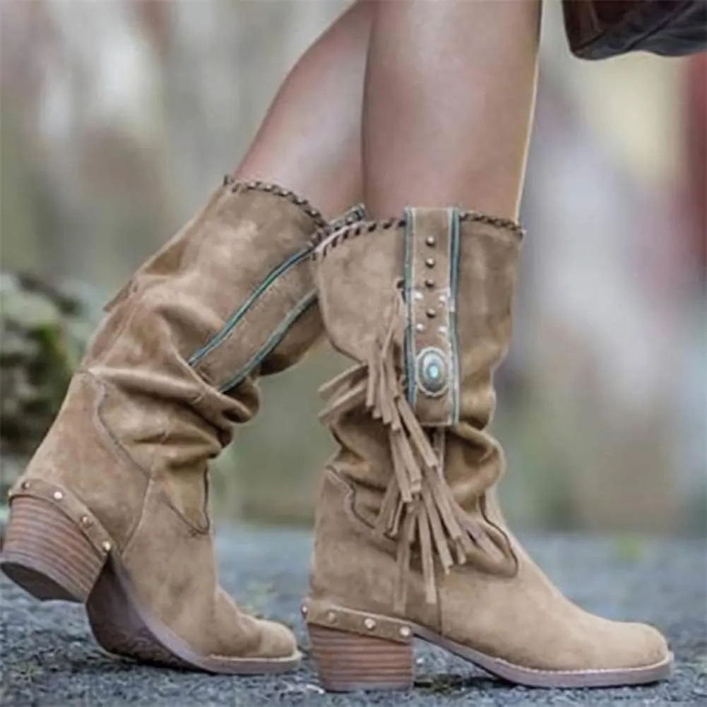 Round Toe Western Cowboy Boots Womens Low Chunky Heel Booties Shoes Retro Casual Fashion Short Ankle Boots with Fringe Breathable Non-Slip Work Boots