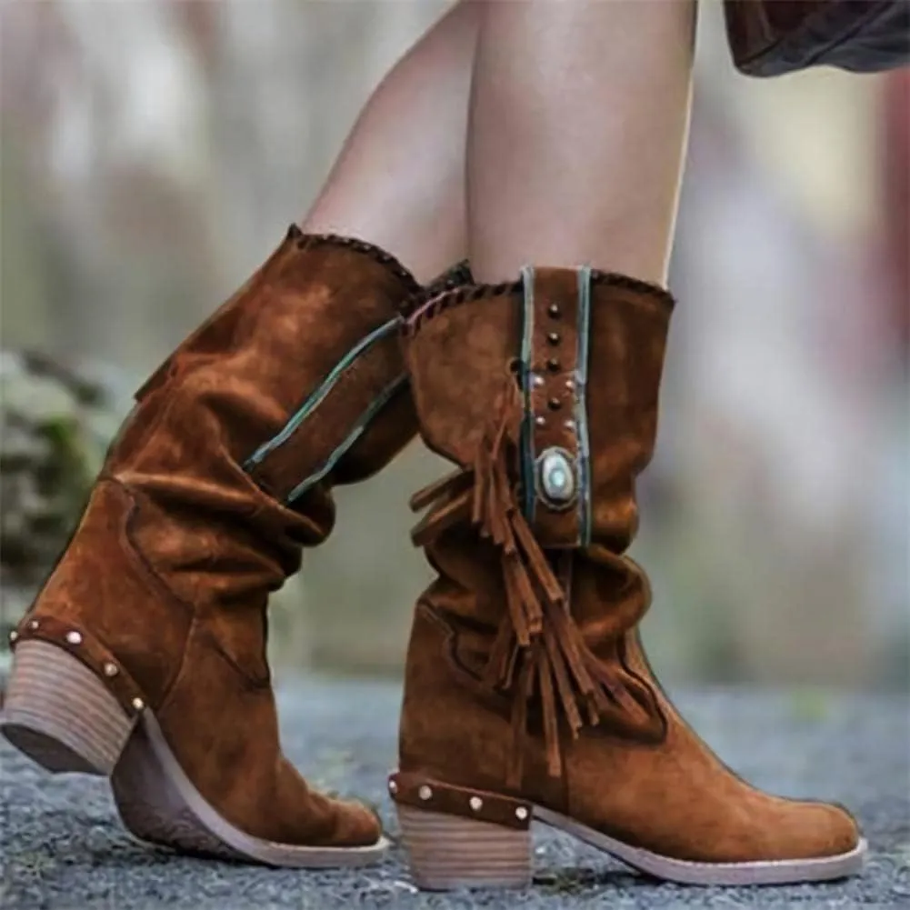Round Toe Western Cowboy Boots Womens Low Chunky Heel Booties Shoes Retro Casual Fashion Short Ankle Boots with Fringe Breathable Non-Slip Work Boots
