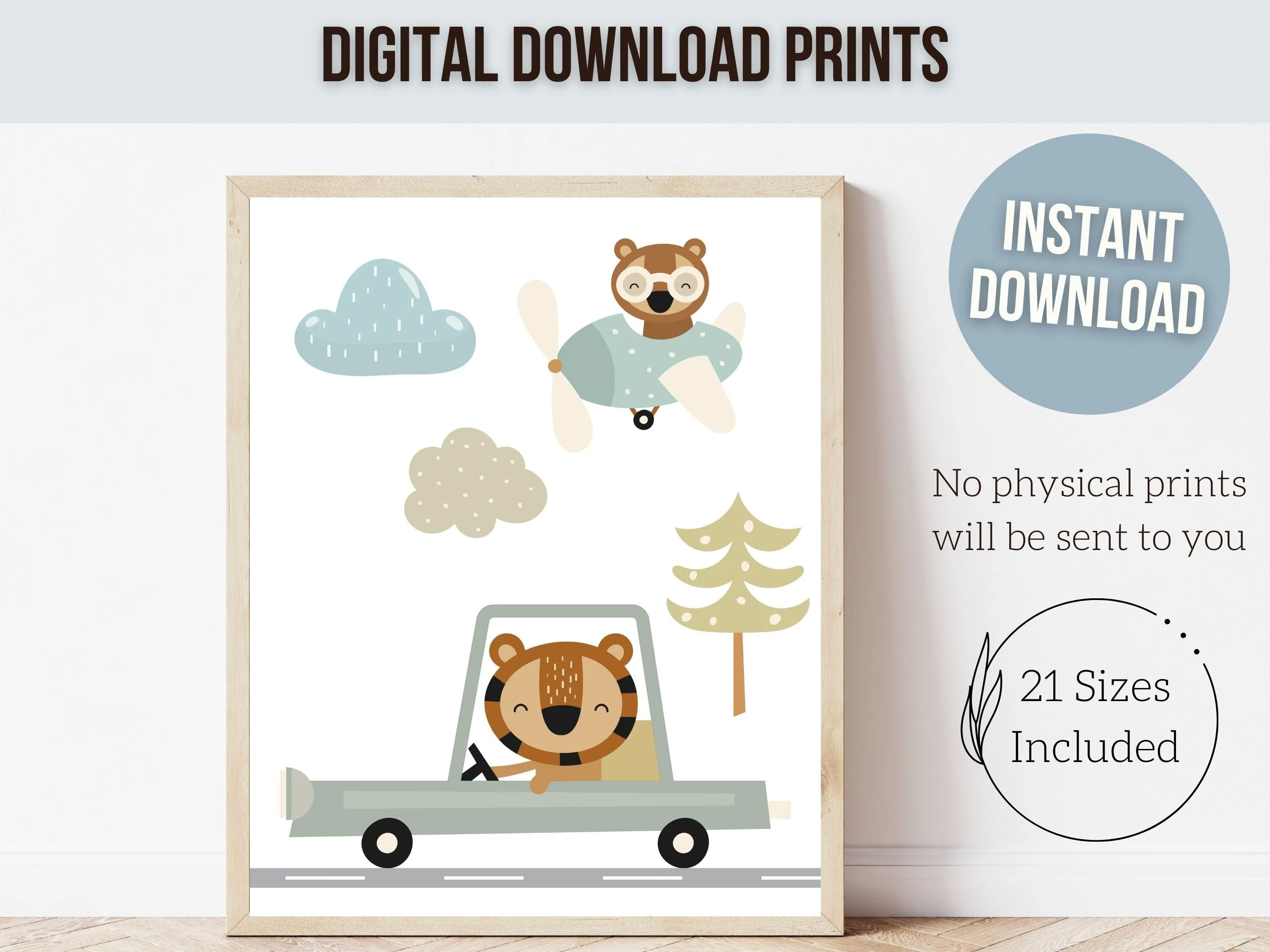 Safari Animal Driving Car Nursery Prints