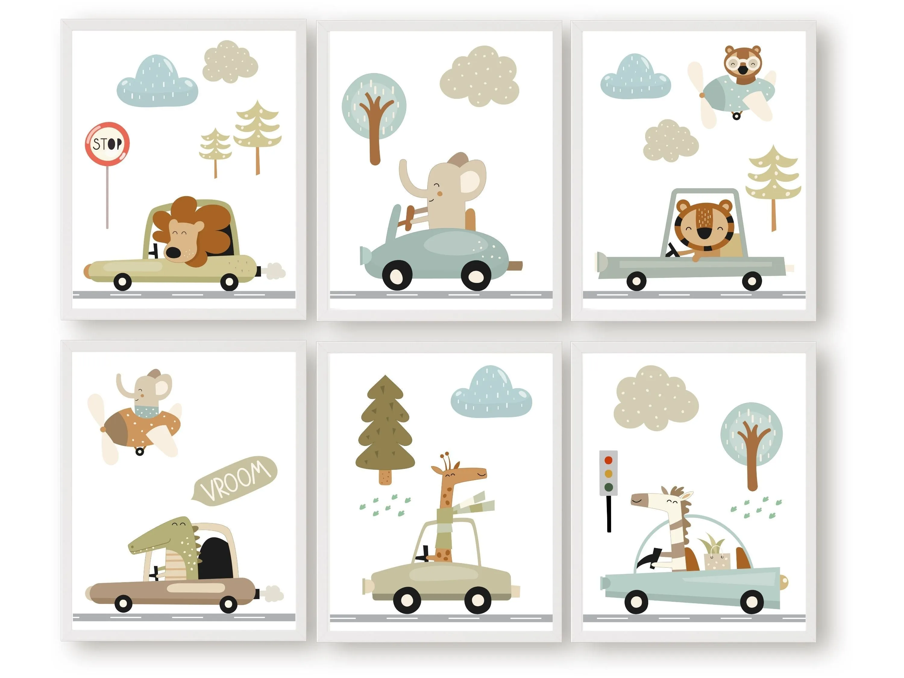 Safari Animal Driving Car Nursery Prints