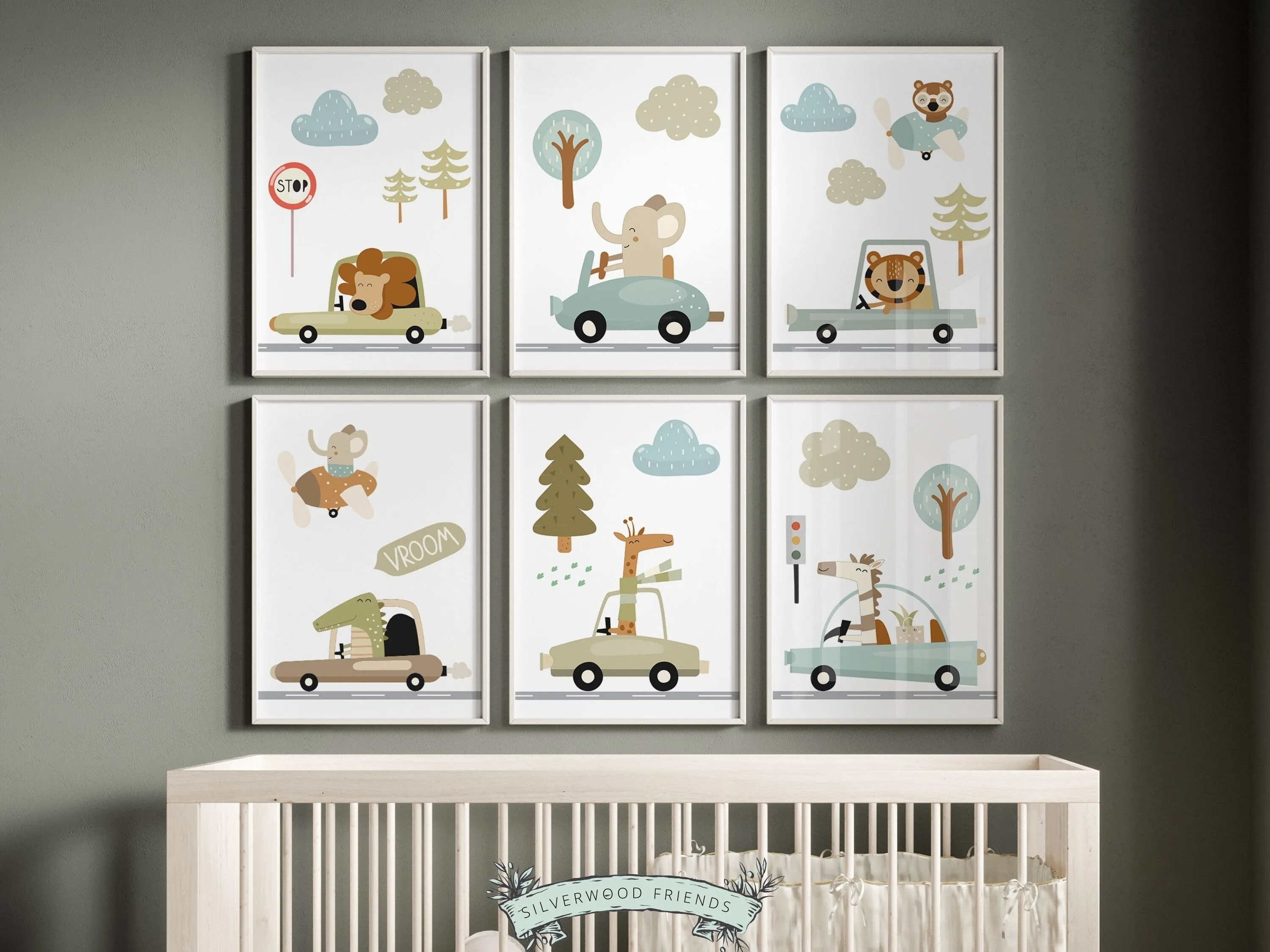 Safari Animal Driving Car Nursery Prints