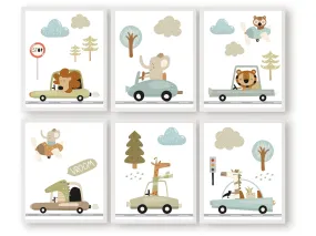 Safari Animal Driving Car Nursery Prints