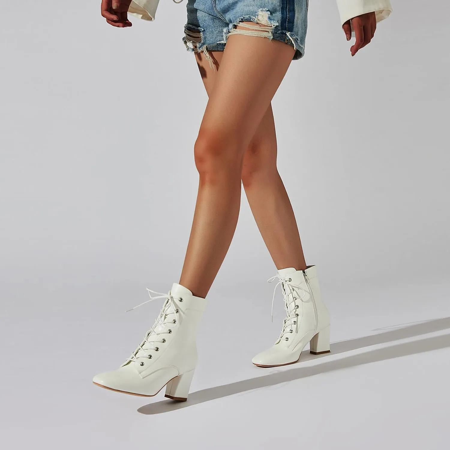 SEIFIN Women's Square Toe Chunky Heels Ankle Boots Block High Heeled Lace Up Short Booties Shoes