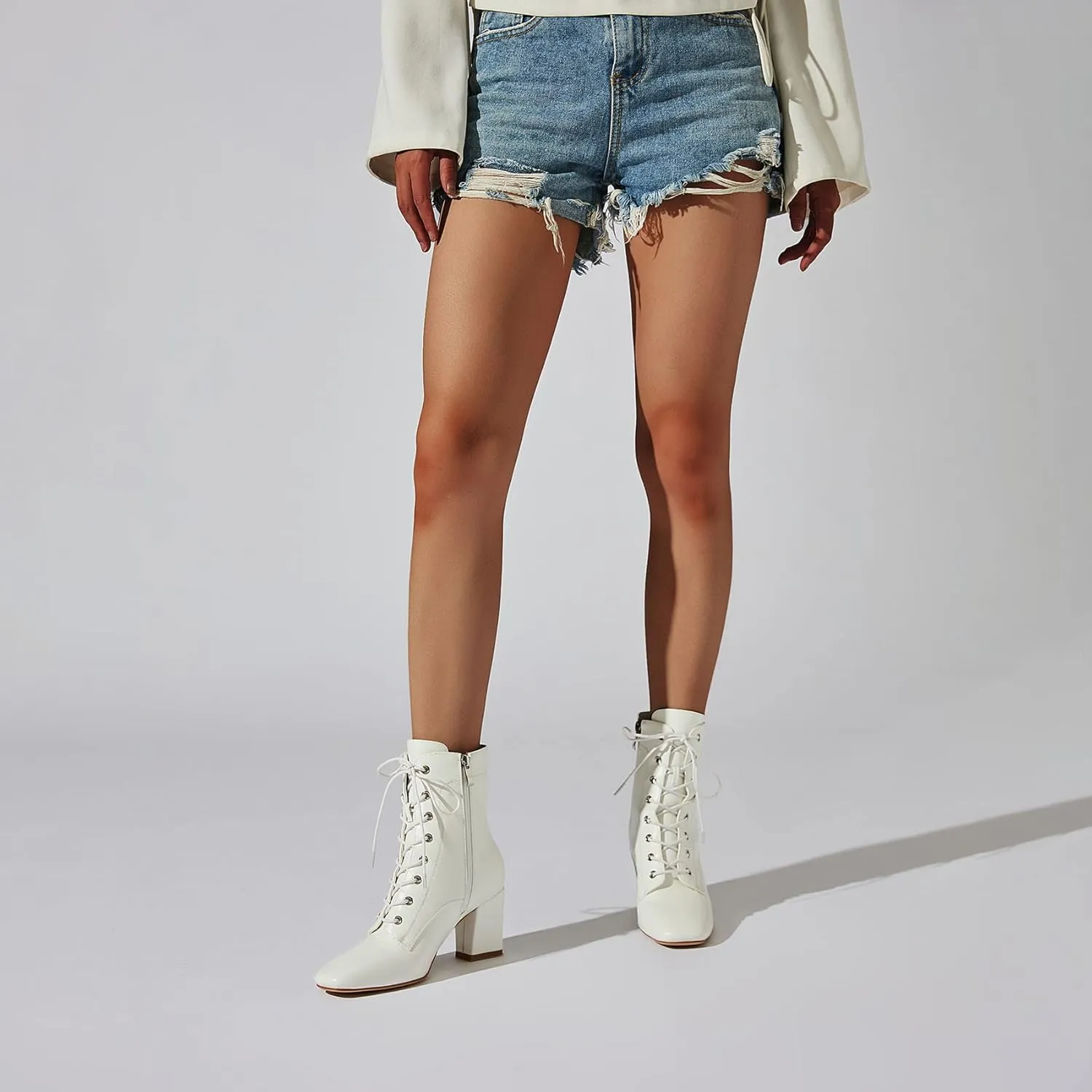 SEIFIN Women's Square Toe Chunky Heels Ankle Boots Block High Heeled Lace Up Short Booties Shoes