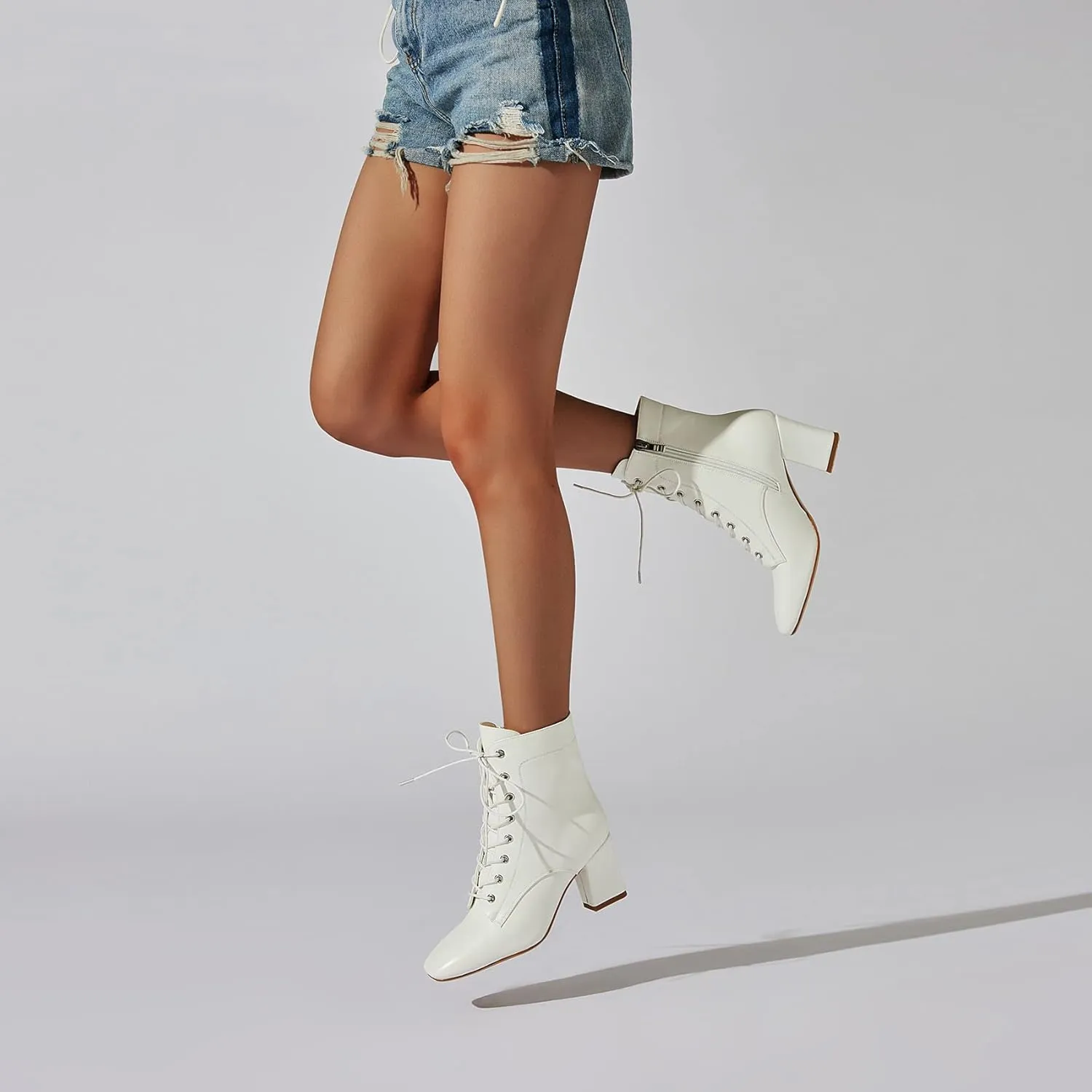 SEIFIN Women's Square Toe Chunky Heels Ankle Boots Block High Heeled Lace Up Short Booties Shoes