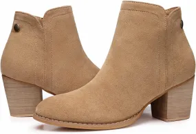 SHIBEVER Women's Ankle Boots Heel: Chunky Low Heeled Almond Toe Short Booties Tan Size 6.5 with Zipper Faux Suede Dress Western Fall 2025 Shoes