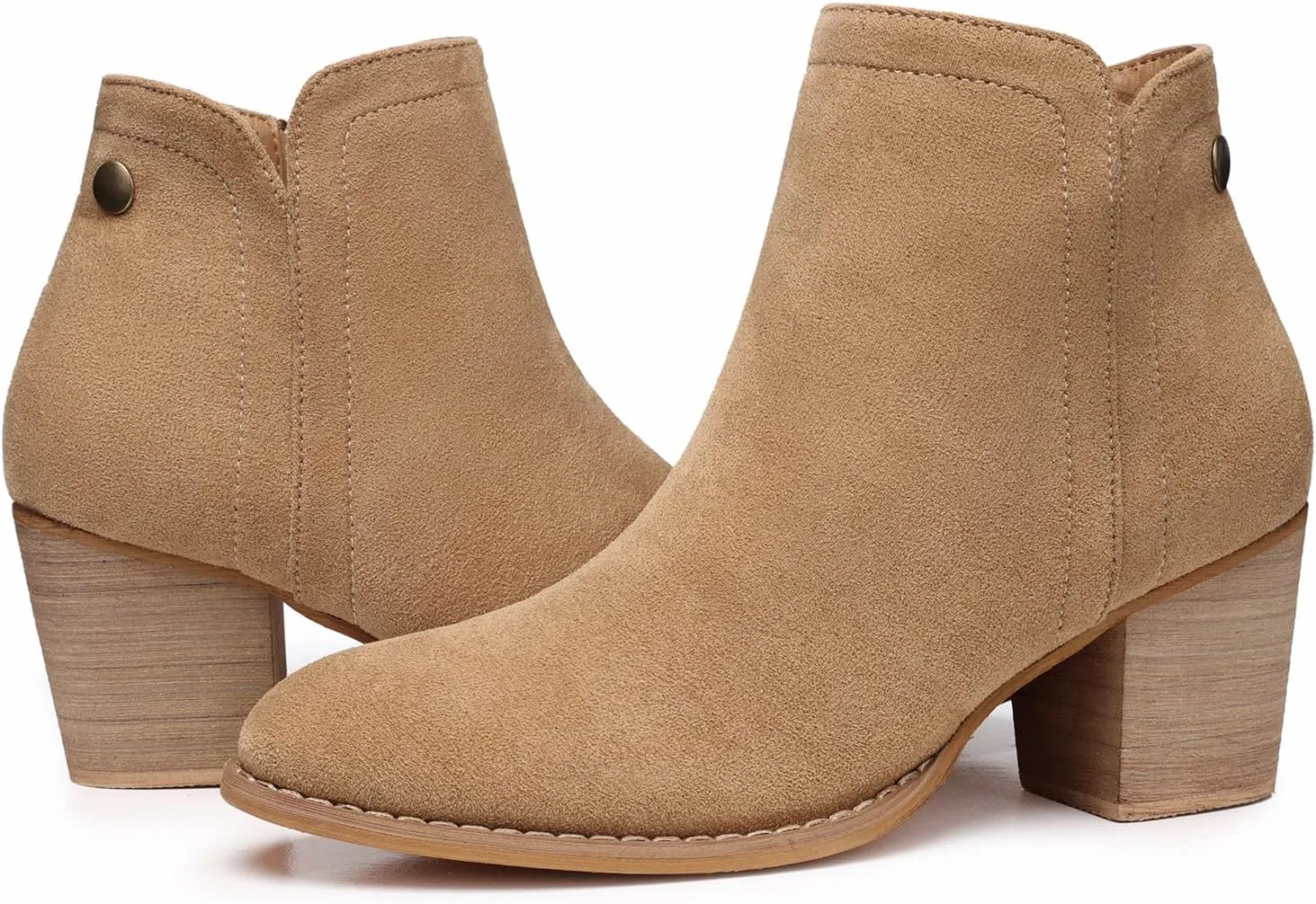 SHIBEVER Women's Ankle Boots Heel: Chunky Low Heeled Almond Toe Short Booties Tan Size 6.5 with Zipper Faux Suede Dress Western Fall 2025 Shoes