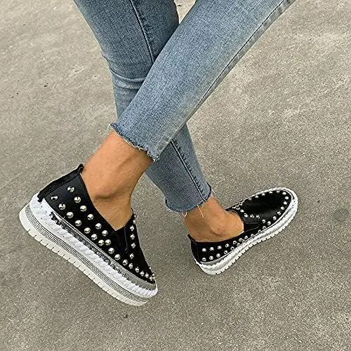 TOWELL Womens Slip on Studded Pumps Loafers Plimsolls Casual Flat Sneakers Shoes