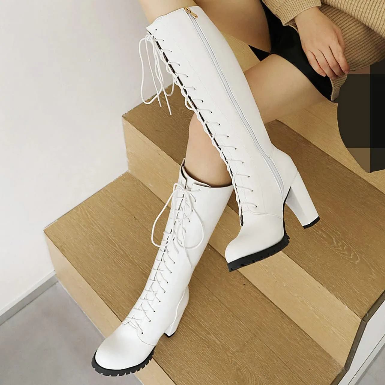 UniqueStride Womens Lace Up High Heel Knee High Boots Chunky Platform Heels Side Zipper Boot