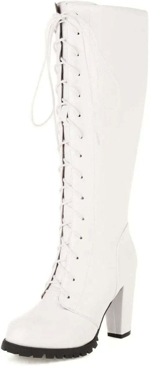 UniqueStride Womens Lace Up High Heel Knee High Boots Chunky Platform Heels Side Zipper Boot