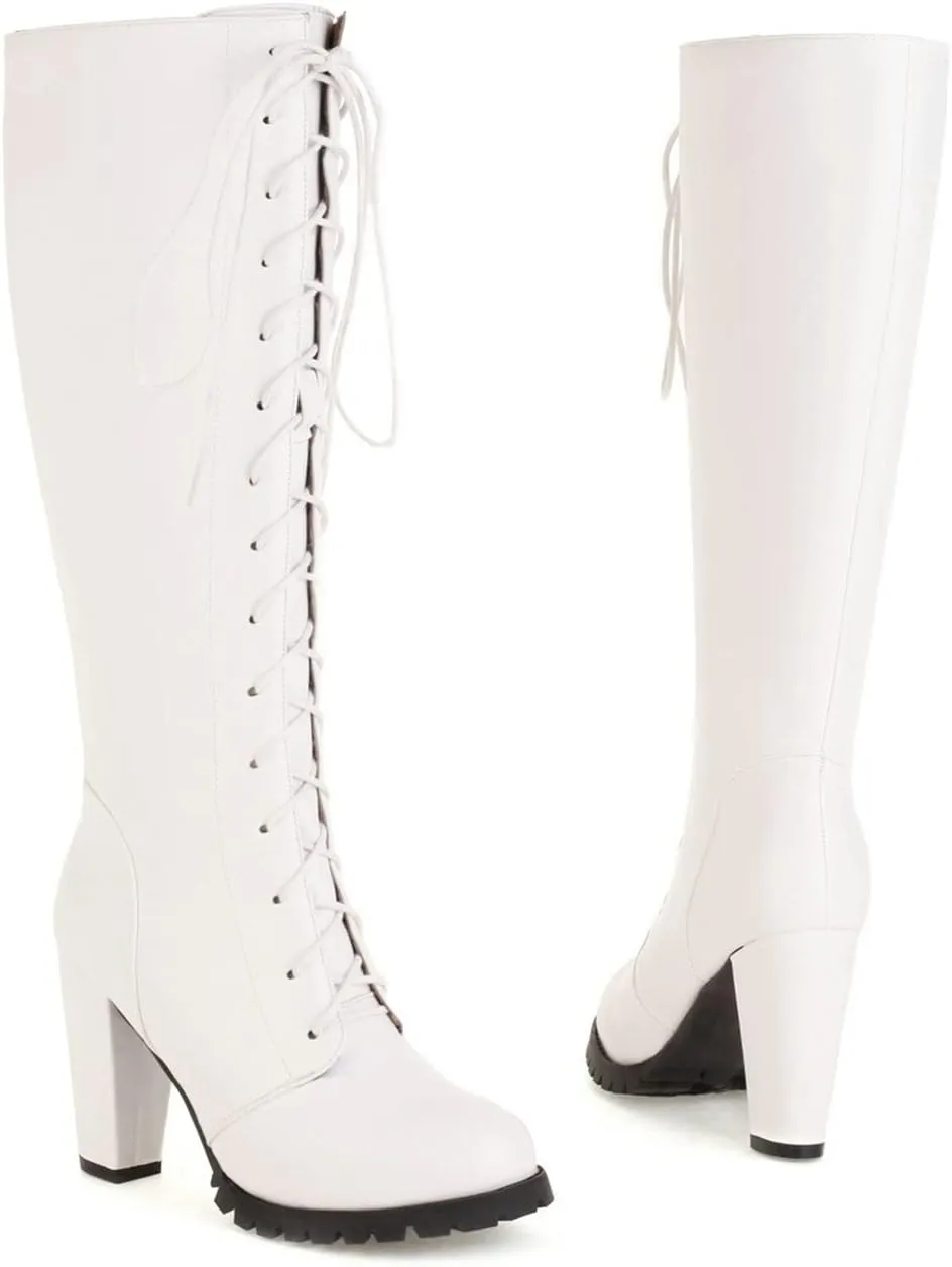 UniqueStride Womens Lace Up High Heel Knee High Boots Chunky Platform Heels Side Zipper Boot