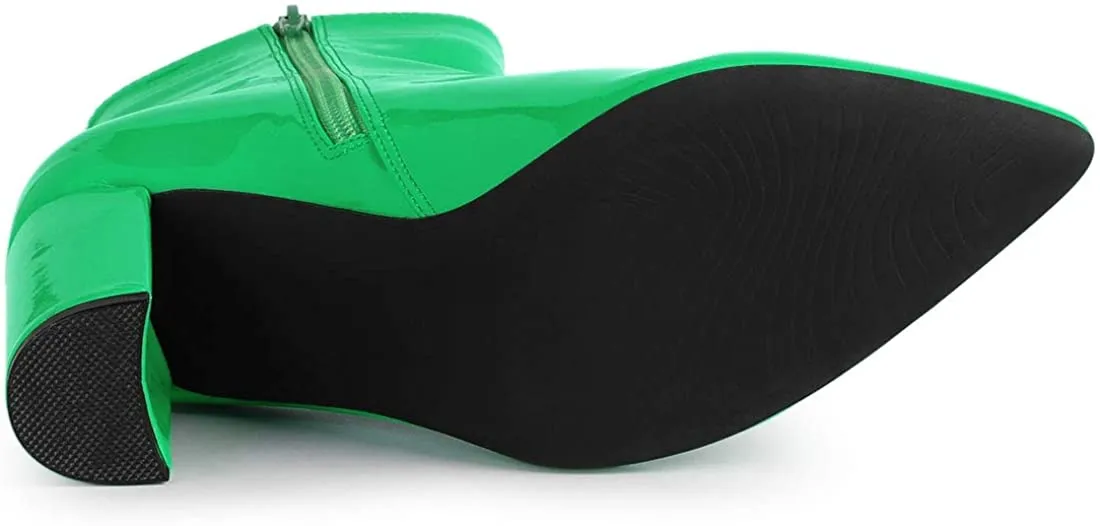 Walk Higher Green  Chunky Heel Pointed Toe Zipper Ankle Boots